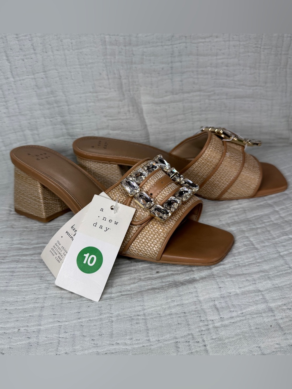 NWT A New Day Rhinestone Raffia Block Heel Sandals Size 10
